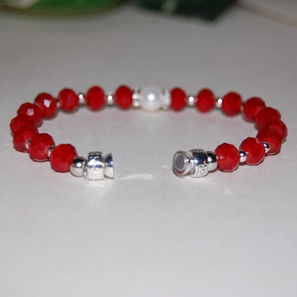 Freshwater Pearl Bracelet,Red Bracelet,Pearl and Red Glass Beads Bracelet - Picture 4 of 4